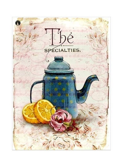 Teapot Themed Metallic Plate Blue/Yellow/Pink 20x15cm