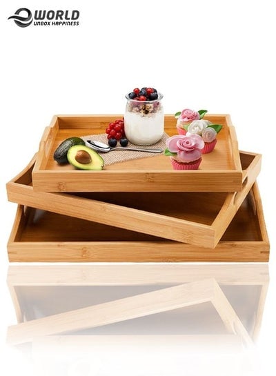 3-Piece Stackable Bamboo Table Serving Tray with handles