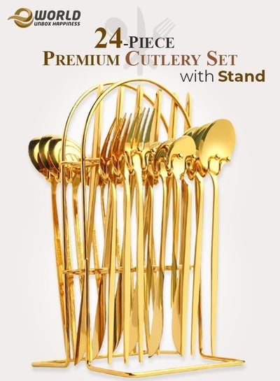 24-Piece Gold Cutlery Stainless Steel set with Stand, Spoon, Knife and Fork Service for 6, Safe and Easy to Clean