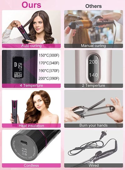 Cordless Wireless Automatic Hair Curler Roller Portable Iron Curling Wand with LCD Temperature Display and Timer USB TYPE-C