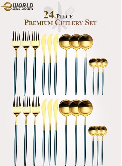 24-Piece Green Gold Cutlery Stainless Steel set Spoon Knife and Fork Service for 6, Safe and Easy to Clean