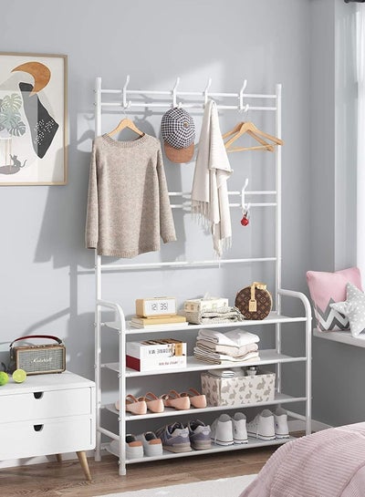 4 Tier Home Entryway Furniture Shelf Multipurpose Shoe and Coat Stand Clothes Rack Storage Organiser Multiple Hooks for Hanging Bags and Shirts and 4 Shelves