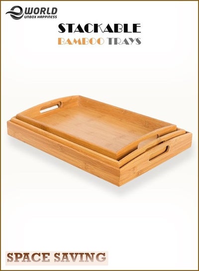 3-Piece Stackable Bamboo Table Serving Tray with handles