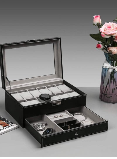 Showcase for Organising Jewellery Makeup Accessories and Watch Case jewelry Organizer Box with Drawer and 12 watches Slots Gift