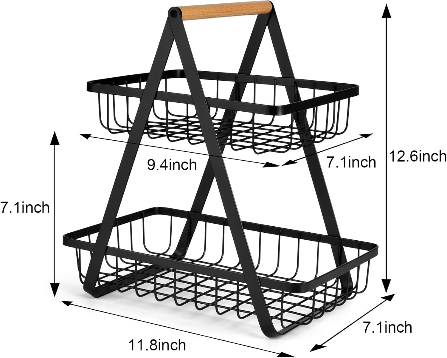 E World | 2-Tier Countertop Fruit Basket Storage, Vegetable Rack Bread Display Stand for Kitchen, Black