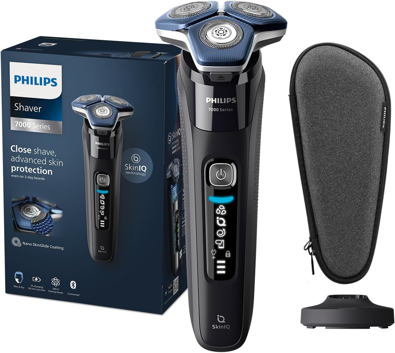 Shaver S7886/35 Wet And Dry Use Smart SkinIQ Tech for a Close, Comfortable Shave Flexible Heads, Motion Control Sensor 60min Cordless Use, Travel Case Included Black