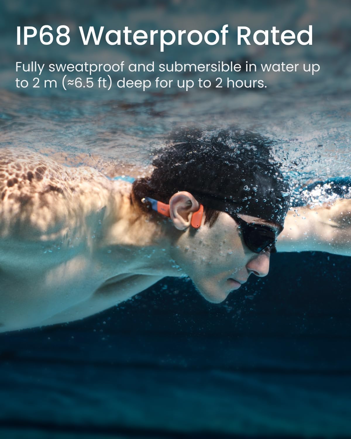 SHOKZ OpenSwim Pro Bone Conduction Sports Headphones, IP68 Waterproof Open-Ear Wireless Earphones with Bluetooth 5.4, 32GB of MP3 Storage, Noise Cancelling Mics, 9h Playtime for Running, Swimming-Red