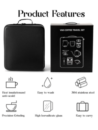 Coffee Serving Sets Outdoor Camping Coffee Maker Set Glass Pour Over Coffee Maker Stainless Manual Coffee Grinder Set-All in 1 Gift Bag Travel Portable Pour Over Coffee Kit TS-05