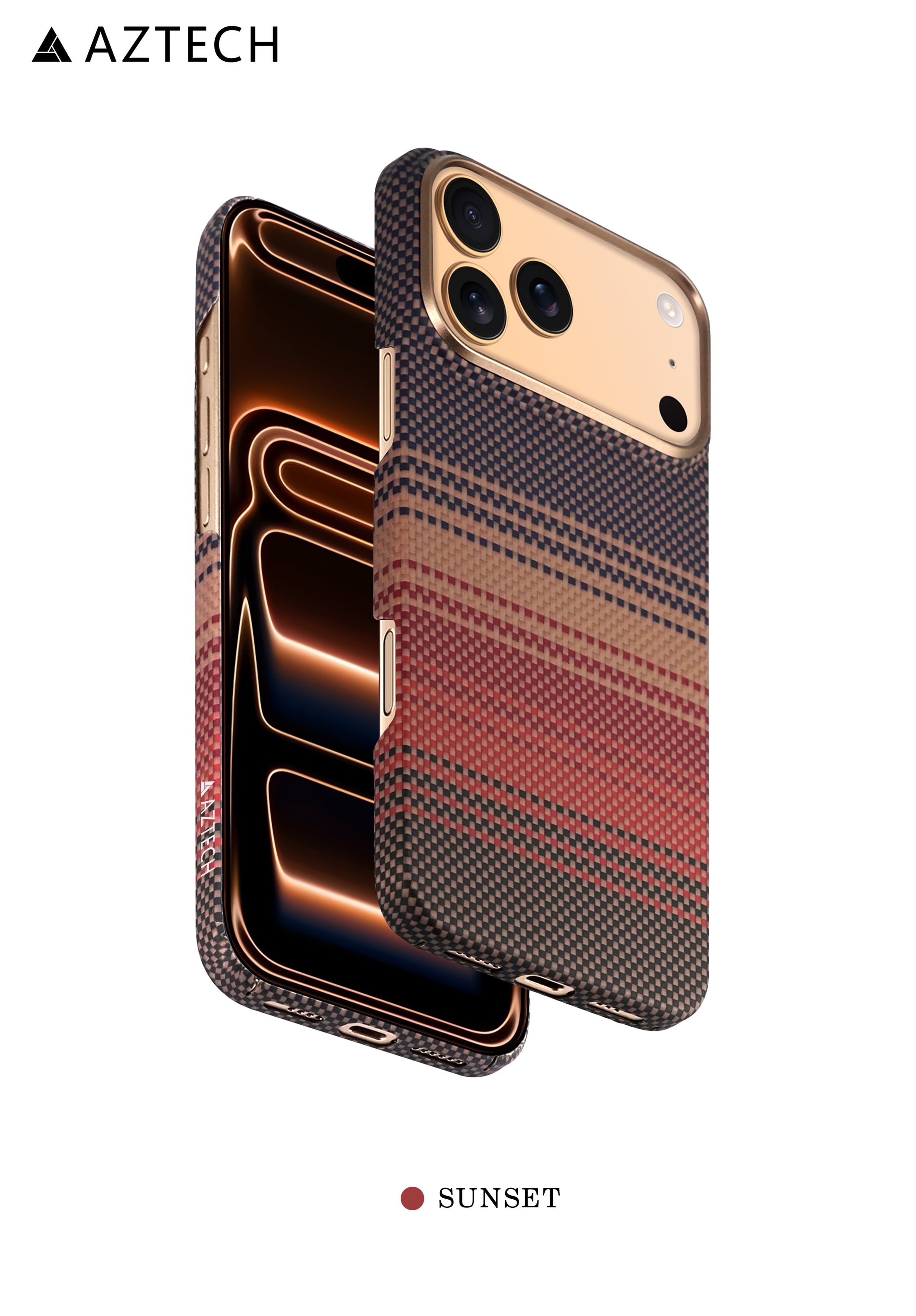 AZTECH Kevlar Ultra-Slim Aramid Fiber Woven Cover with a Caseless Feel Thin, Light & Protective (Carbon Fiber, Sunset, iPhone 17 Pro) - Sunset