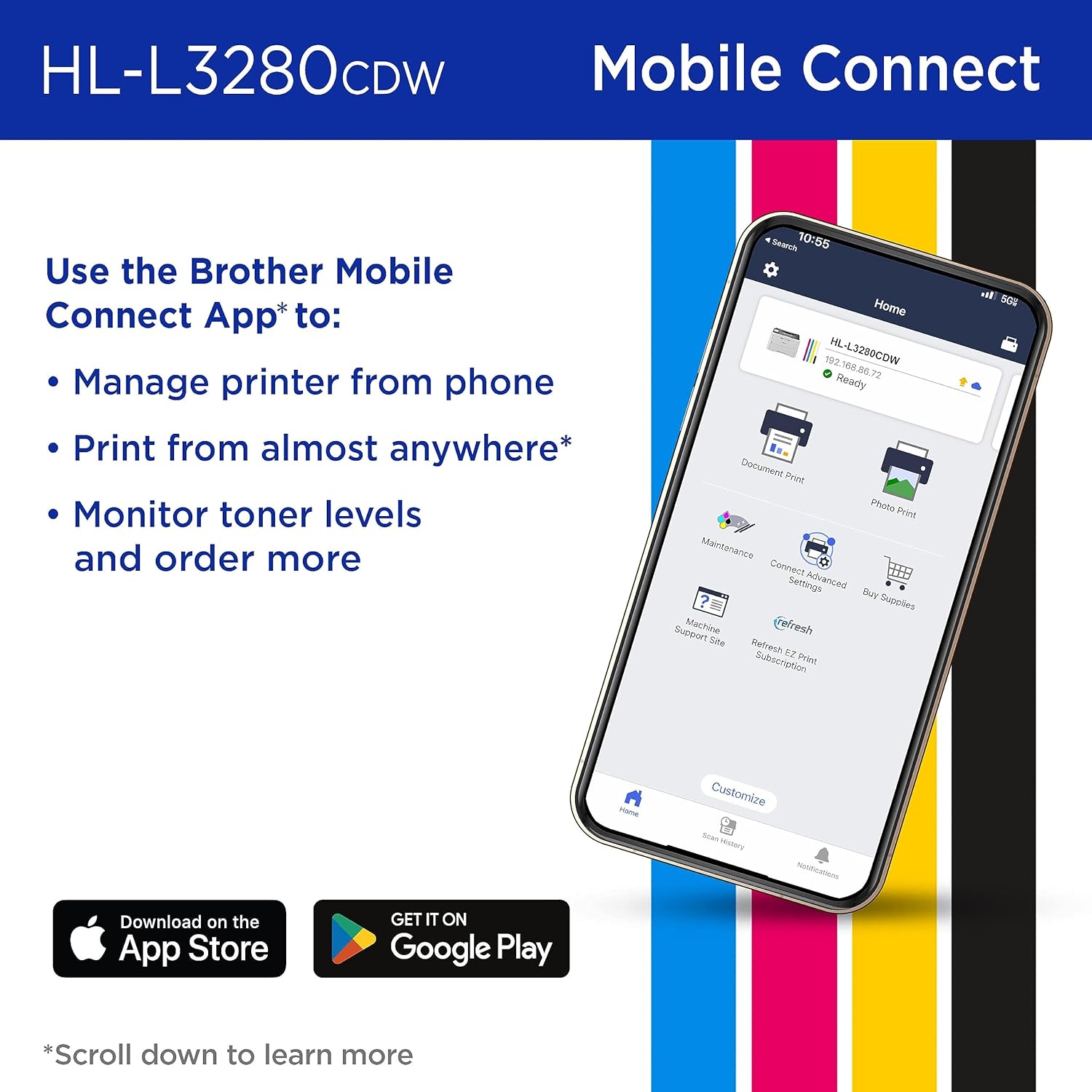 HL-L3280CDW Color Laser Printer, Fast & Compact Wireless Colour Laser LED Printer White