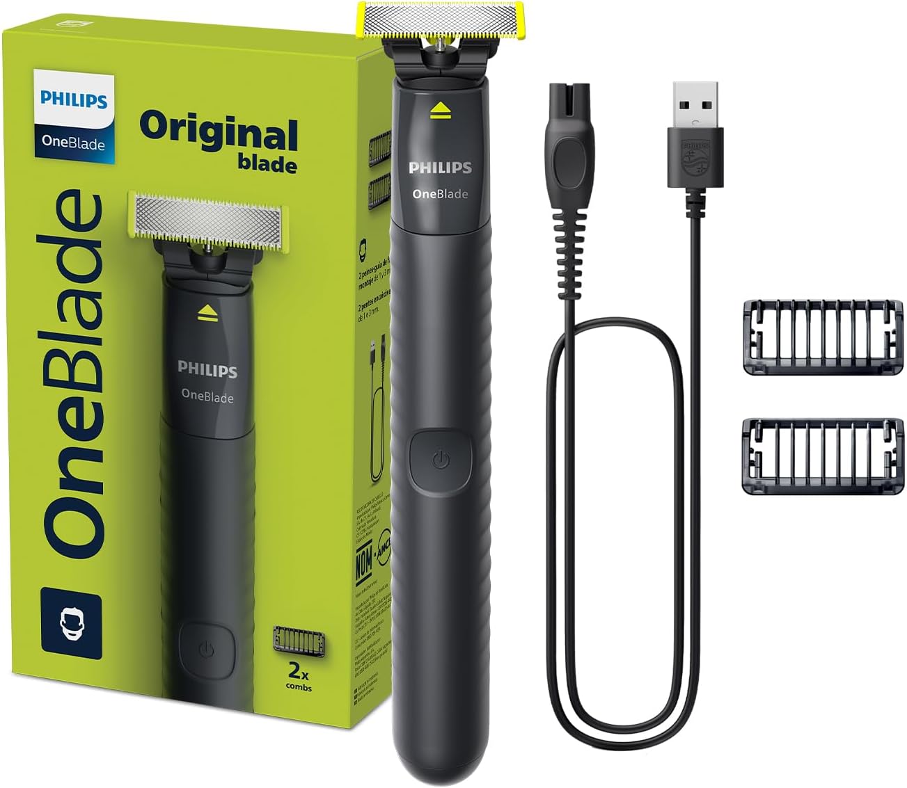 OneBlade QP1424/10 Trim, Edge And Shave Any Length 2 Stubble Combs, Dual-Sided Blade Wet And Dry Use, 30min Cordless Black & Lime 0.15grams