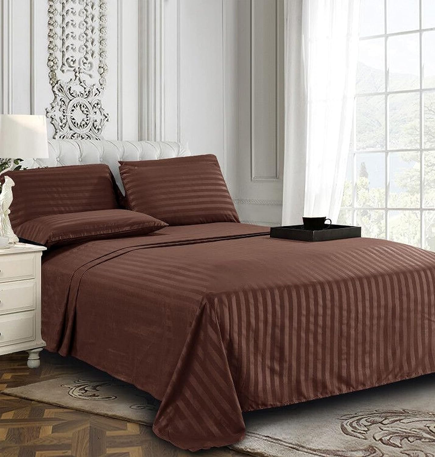 e World Luxurious Bedsheet Set – Striped Bedsheet Set (220x240cm) - 3 Piece Set with 1 Flat Sheet and 2 Pillowcases (50x70cm) - Soft and Breathable for All Seasons.(Dark Brown, Double Bedsheet)