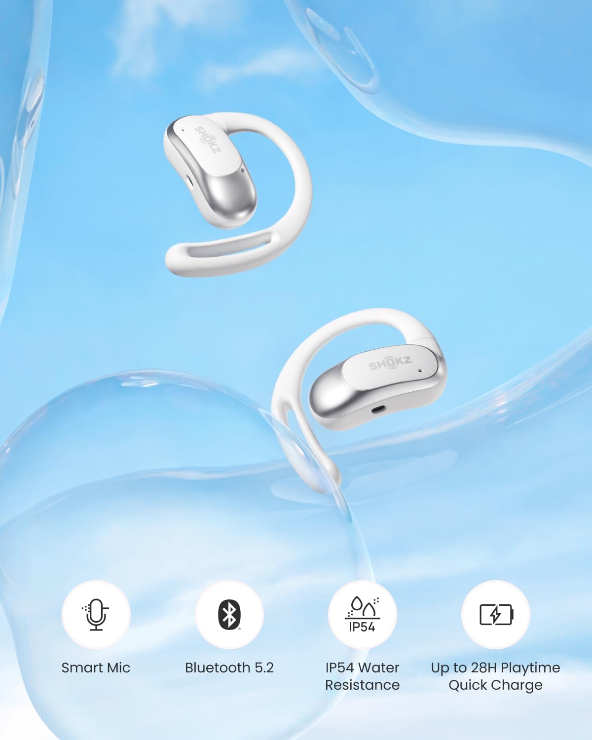 SHOKZ OpenFit Air Open-Ear Headphones, True Wireless Bluetooth Earphones with Microphone, Earbuds with Air Earhook, Fast Charging, 28h Playtime, IP54 Waterproof for Workout - White
