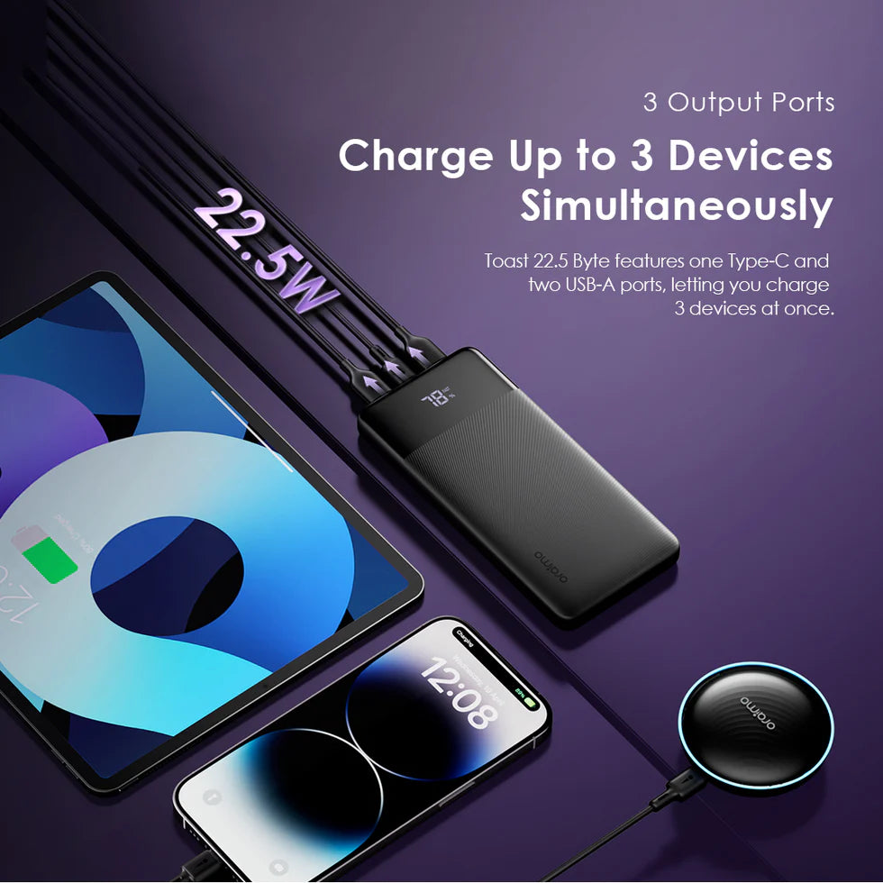 Oraimo Toast 22.5 Type-C (IN/OUT) Power Bank, PD&QC 3.0 Compatible, 22.5W, 10,000mAh, Black, OPB-7100Q