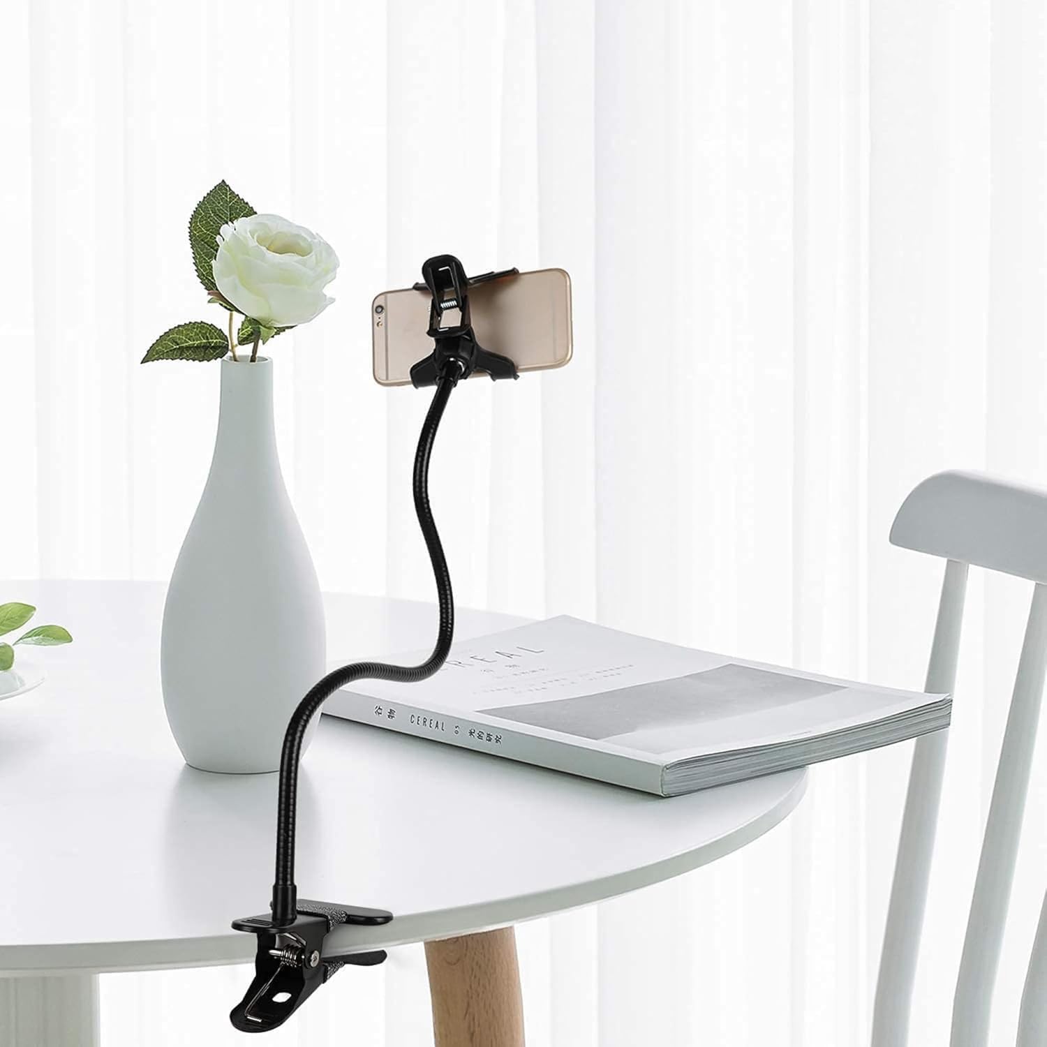 BEYTOR Gooseneck Cell Phone Stand, Universal Clamp Lazy Mount Clip Hands Free Flexible Long Arm Bracket Grip for Phones Mobile Stand Baby Monitor for Desk, Bed, Office, Kitchen (Black)