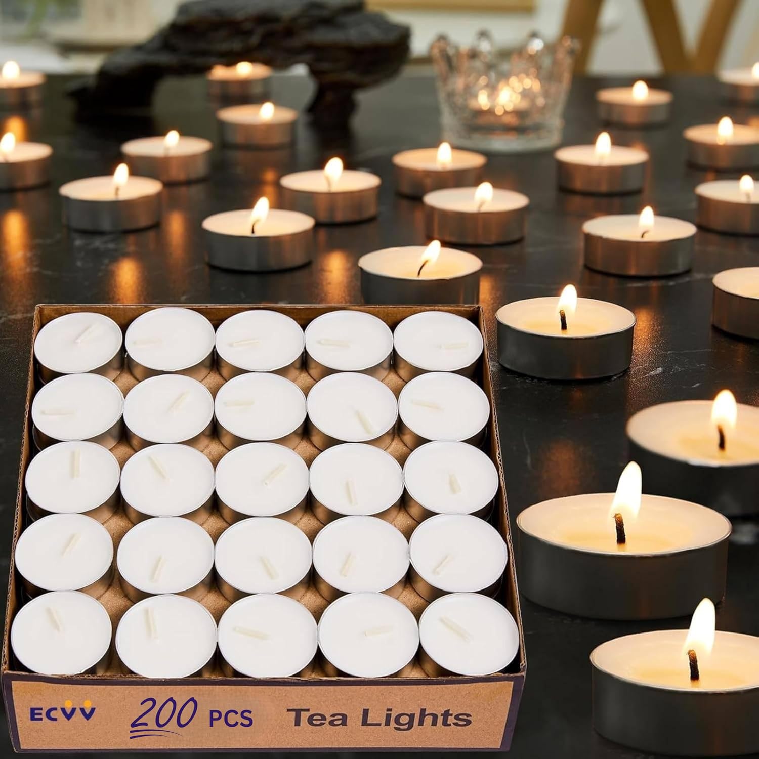 ECVV® 200 Pack Tea Lights Candles, Tealight Candles,White Smokeless Dripless Long Lasting Tea Light Candles,Tea Candles for | Weddings | Party | Shabbat | Home Decorative Tealights