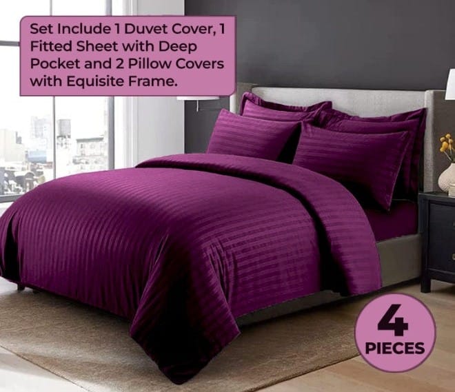 4-Piece Luxury King Size Purple Striped Bedding Set Includes 1 Duvet Cover (220x240cm), 1 Fitted Bed Sheet (200x200+30cm), and 2 Pillow Cases (48x74+5cm) for Ultimate Hotel-Inspired Sophistication