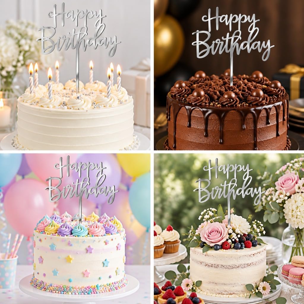 Mirfa Happy Birthday Cake Topper, Acrylic Script Cake Decoration, 10 x 12 cm, for Birthday Cakes, Party & Dessert Table Decor (1 Piece)