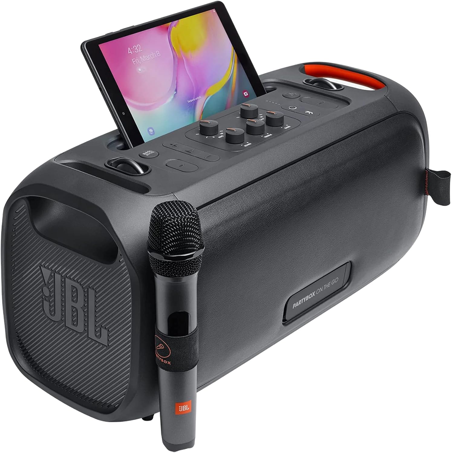 JBL Partybox On-The-GO Portable Party Speaker with Built In Lights and Wireless Mic, 100W of Powerful Booming JBL Pro Sound, Heavy Bass, IPX4 Splashproof, Bluetooth Stream - Black, JBLPARTYBOXOTGUK