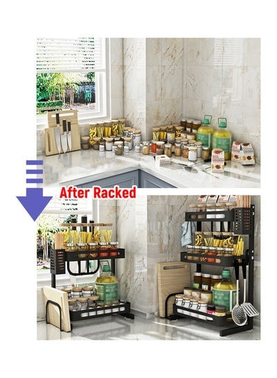 2-Tier Spice Rack Organizer with Cutlery Chopsticks Shelf Black 43.00 x 11.00 x 24.50cm - EMALL