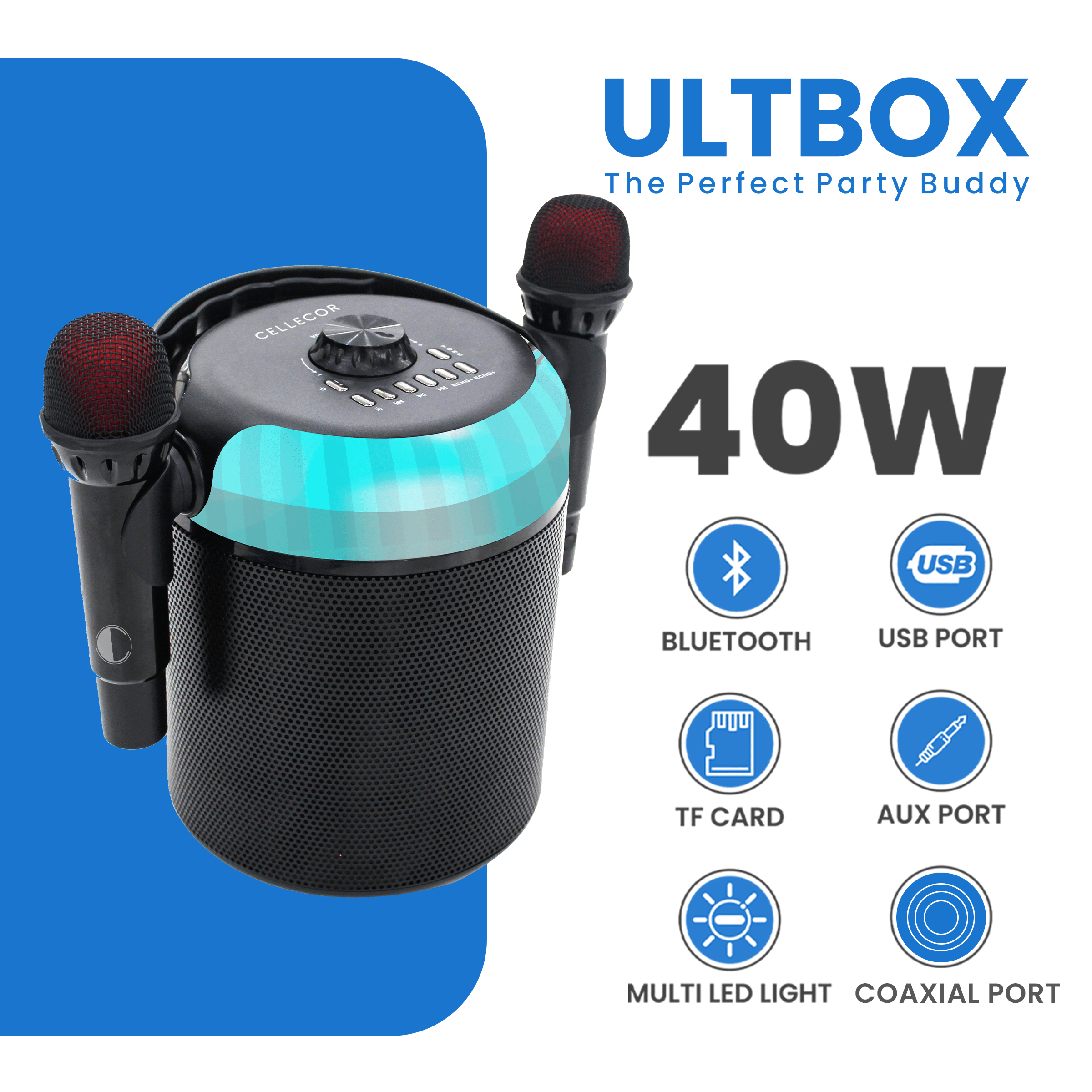 Cellecor Speaker UltraBox| dual karaoke mic| bluetooth speaker| wireless speaker| 40w usb port | TF card | coaxial port| multi led light