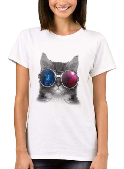 Kitty With Sunglass Design Short Sleeve T-Shirt White